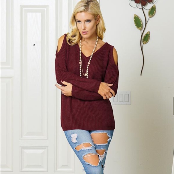 Sweaters - Burgundy Cold Shoulder V-neck Sweater